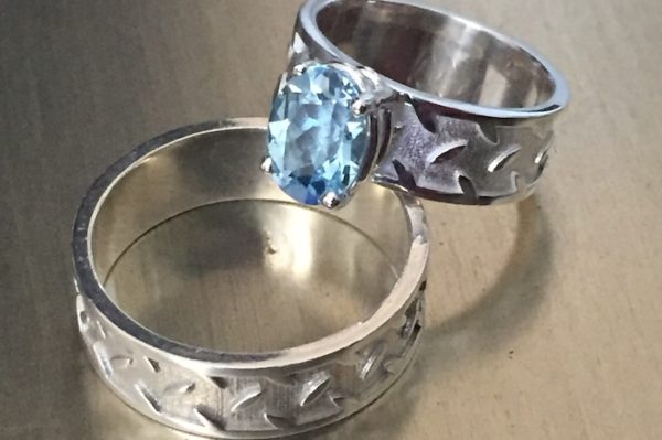 custom Tuff-Links Ring bands with gemstone in Diamond cut pattern